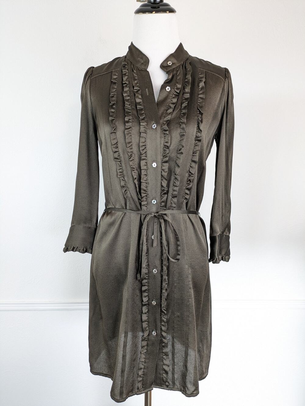 French Connection Shirt Dress Silk Ruffle Floral Button Victorian Brown Size 2
